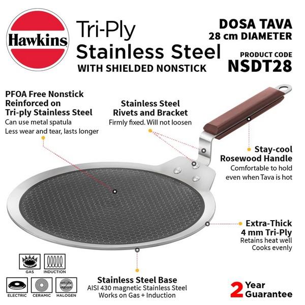 Hawkins Tri-Ply Stainless Steel Non-Stick Dosa Tawa 28cm