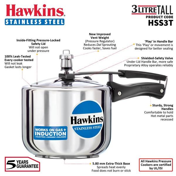 Hawkins Stainless Steel Pressure Cooker 3lit tall