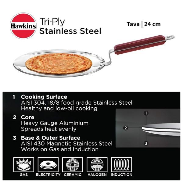Hawkins Tri-Ply Stainless Steel Tawa with Rosewood Handles  24cm