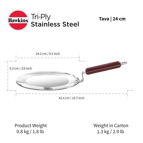 Hawkins Tri-Ply Stainless Steel Tawa with Rosewood Handles  24cm
