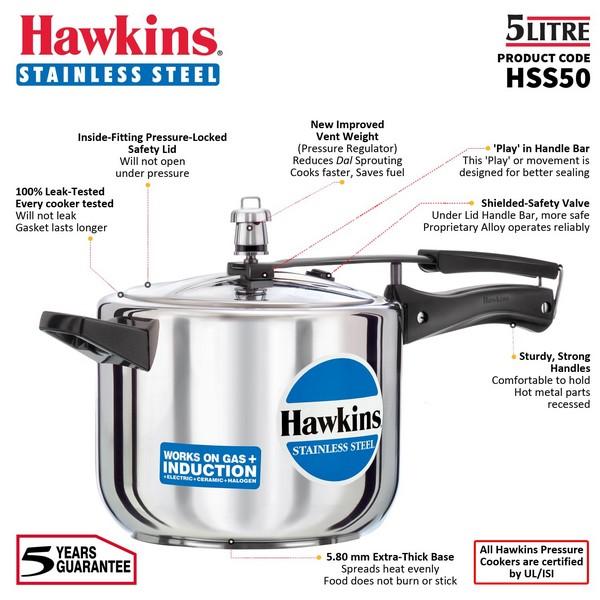 Hawkins Stainless Steel Pressure Cooker 5lit
