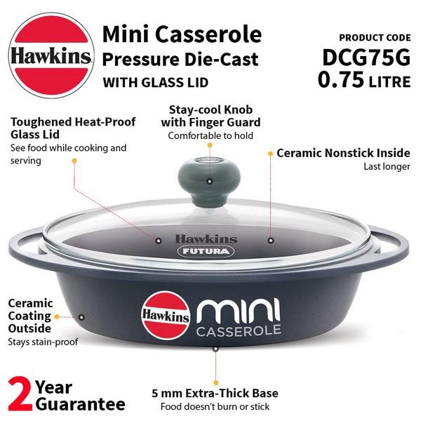 Hawkins Die-Cast Mini Casserole Square Series 0.75L Grey