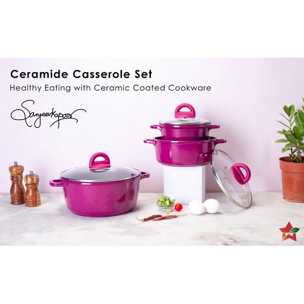 Wonderchef Ceramide Die-cast Casserole Set (Pink)